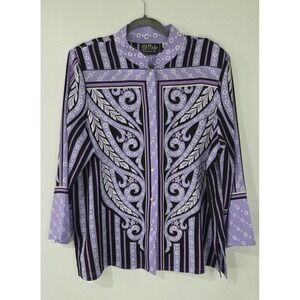 BOB MACKIE Wearable Art Purple Black Womens Long Sleeve Button Sheer  Blouse XL